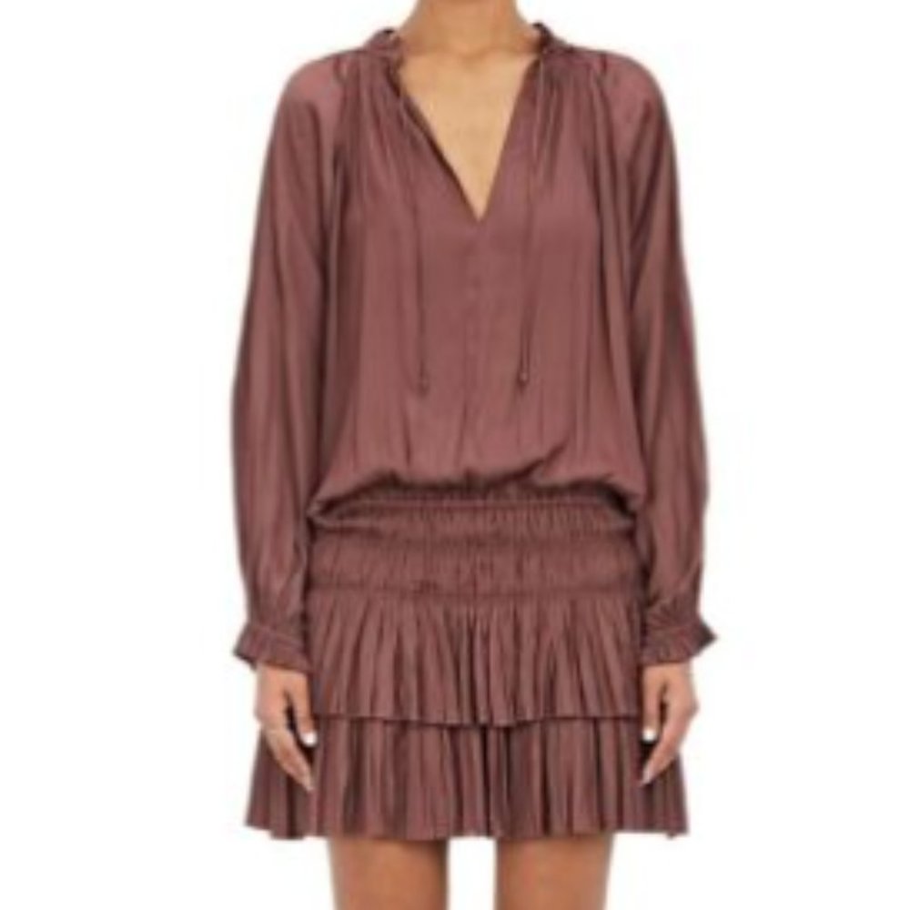 Ulla Johnson Piera Pleated Ruffled Drop Waist Dress Size:6 Color:Aster Mauve